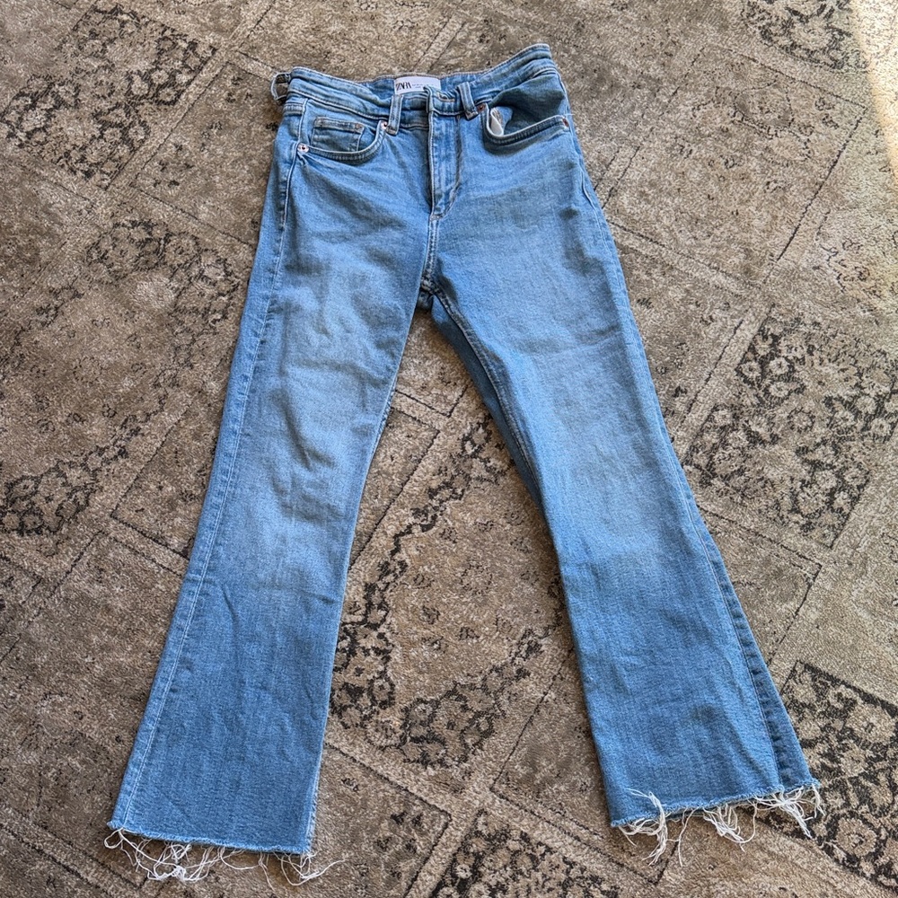 Zara Light Blue Flare Jeans with Raw Hem